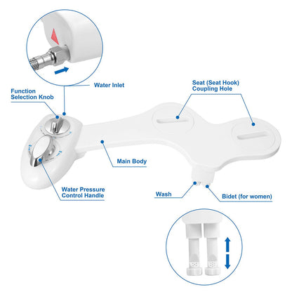 Cold Water Bidet Attachment | Dual Nozzle | Self-Cleaning | Rear & Front Wash | Fits Most Toilets