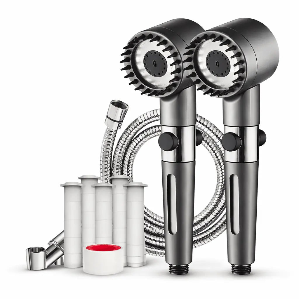 Filtered Shower Head Bundle | 2 Heads | 6 Replacement Filters | Stainless Steel Hose | High Pressure