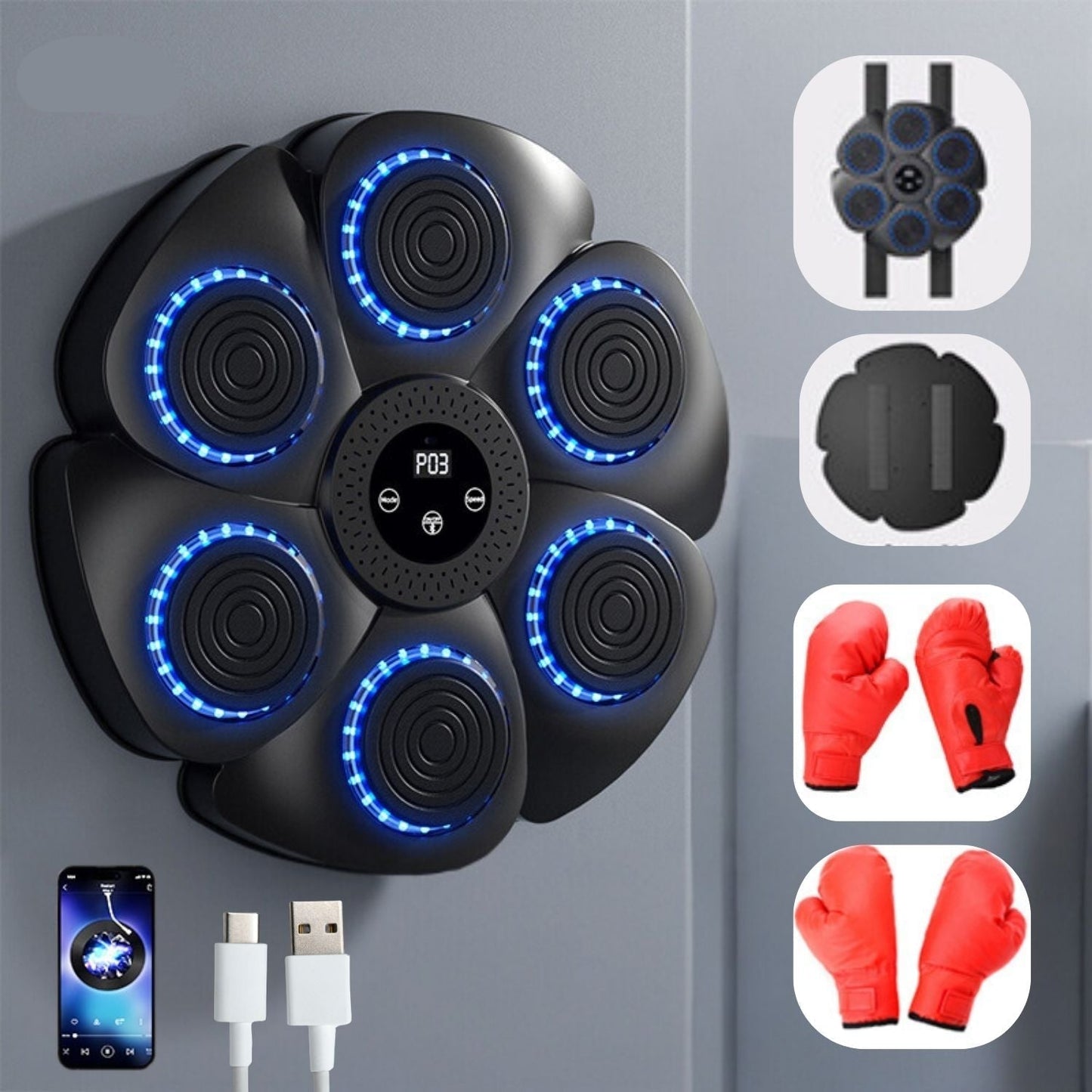 Wall-Mounted Boxing Trainer | RGB Lighting | Bluetooth | Punch Counter | USB | Black & White