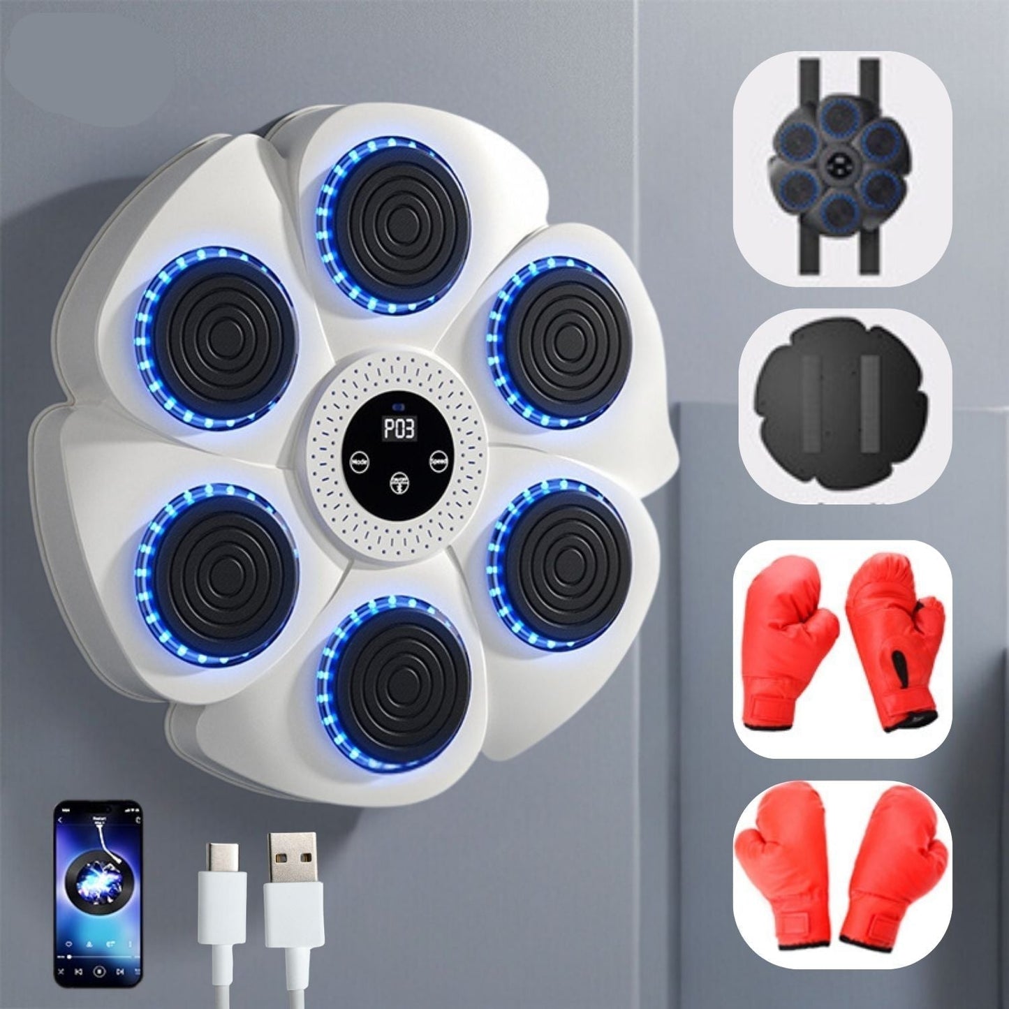 Wall-Mounted Boxing Trainer | RGB Lighting | Bluetooth | Punch Counter | USB | Black & White