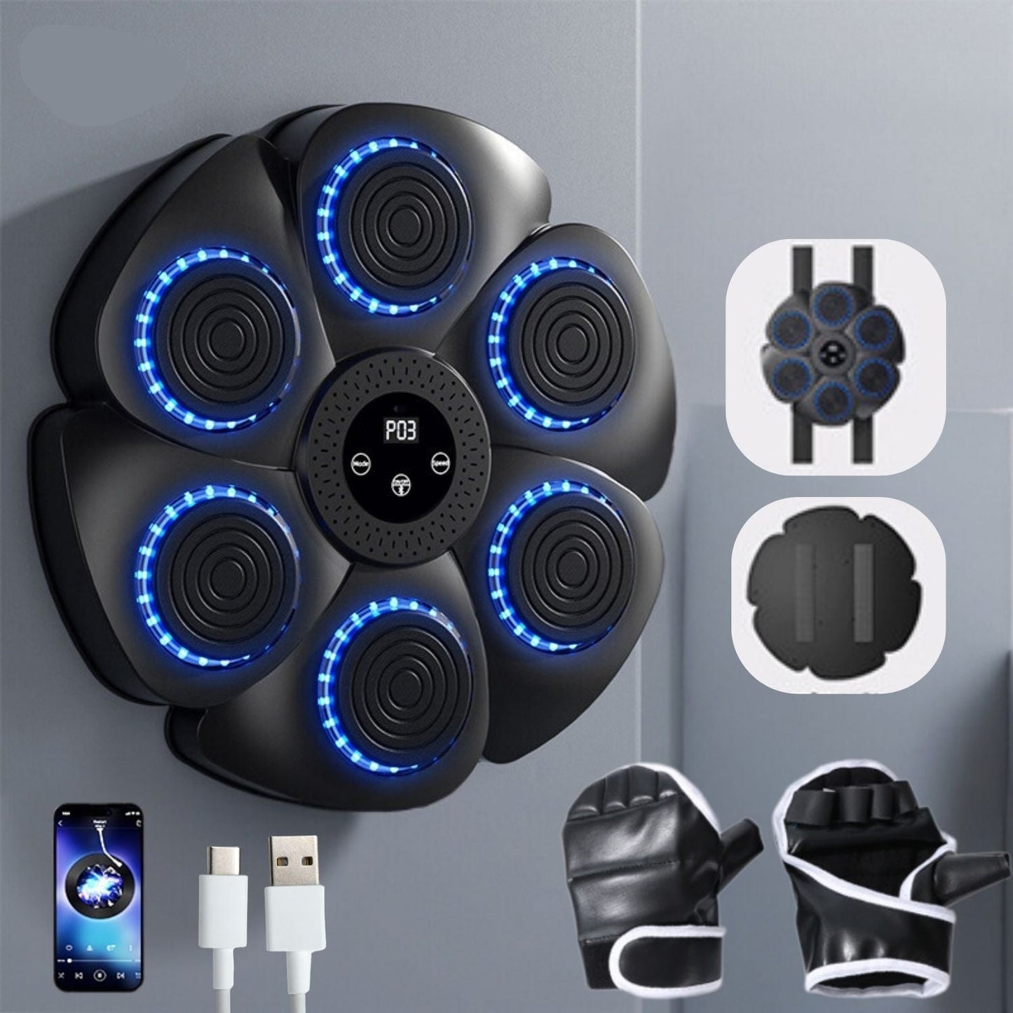 Wall-Mounted Boxing Trainer | RGB Lighting | Bluetooth | Punch Counter | USB | Black & White