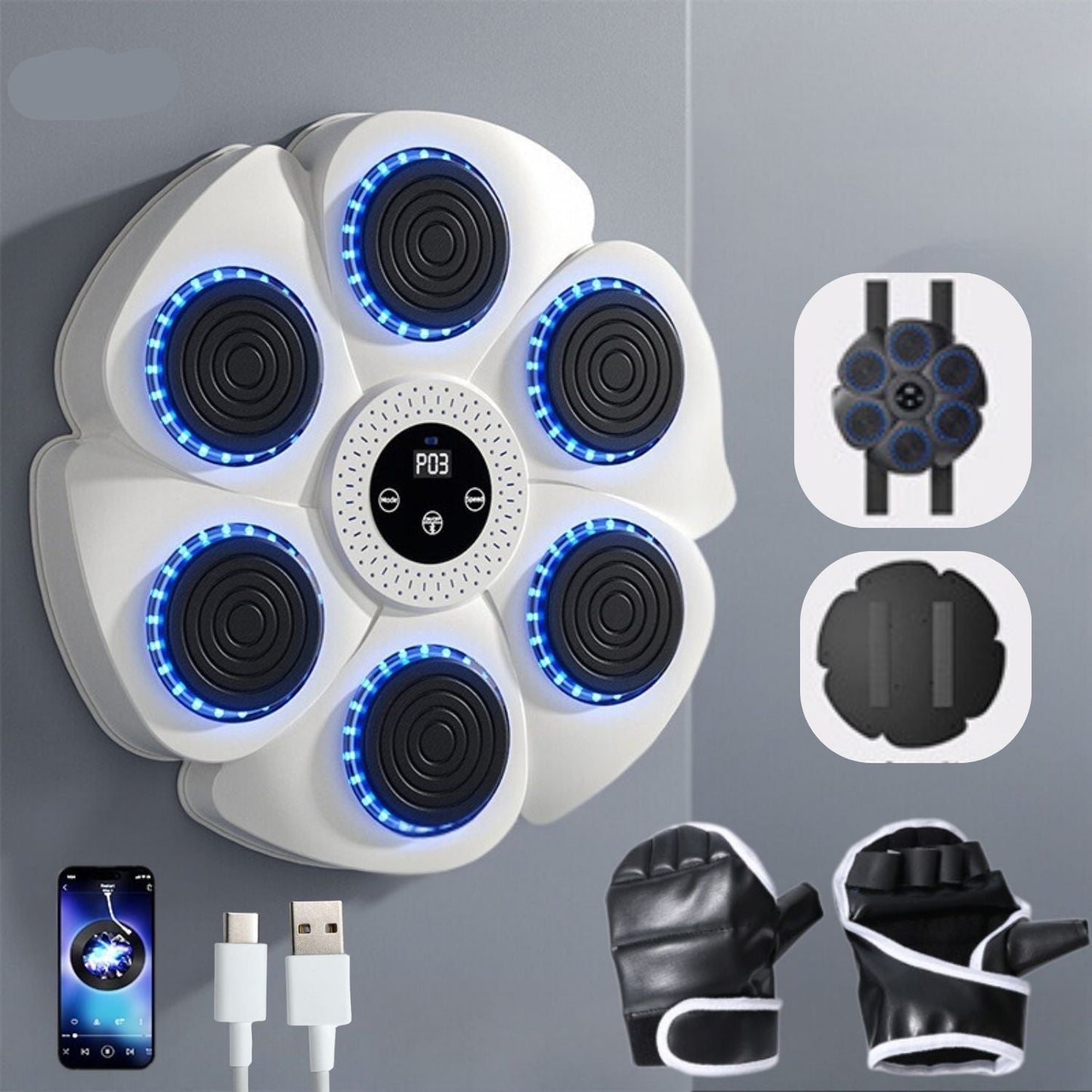 Wall-Mounted Boxing Trainer | RGB Lighting | Bluetooth | Punch Counter | USB | Black & White