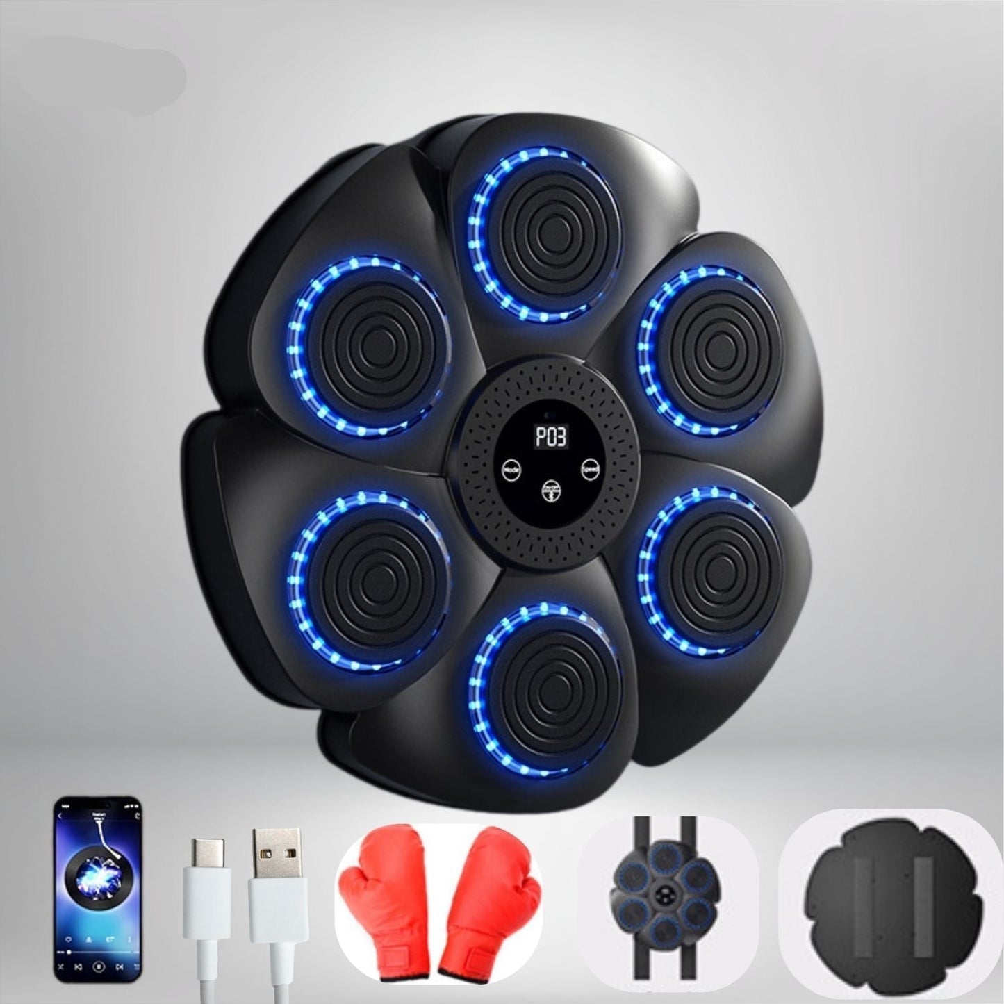 Wall-Mounted Boxing Trainer | RGB Lighting | Bluetooth | Punch Counter | USB | Black & White