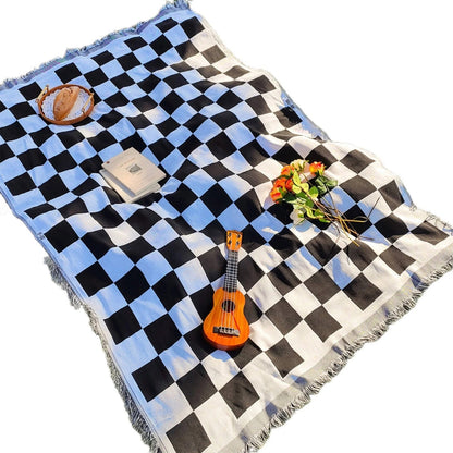 Picnic Blanket | Checkered Microfibre | Fringed Edges | 130 × 180 cm | Midnight, Rustic & Forest