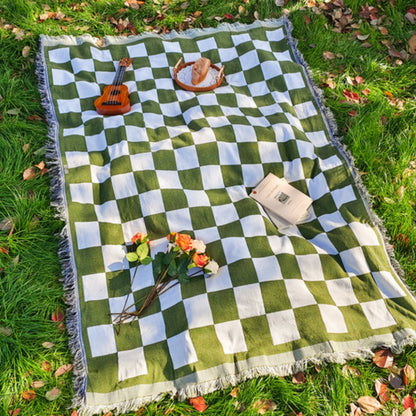 Picnic Blanket | Checkered Microfibre | Fringed Edges | 130 × 180 cm | Midnight, Rustic & Forest