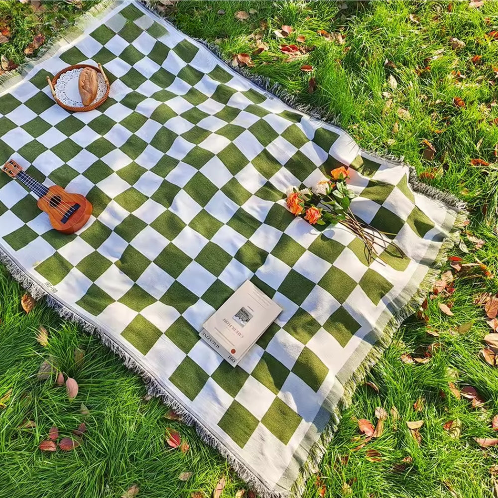 Picnic Blanket | Checkered Microfibre | Fringed Edges | 130 × 180 cm | Midnight, Rustic & Forest