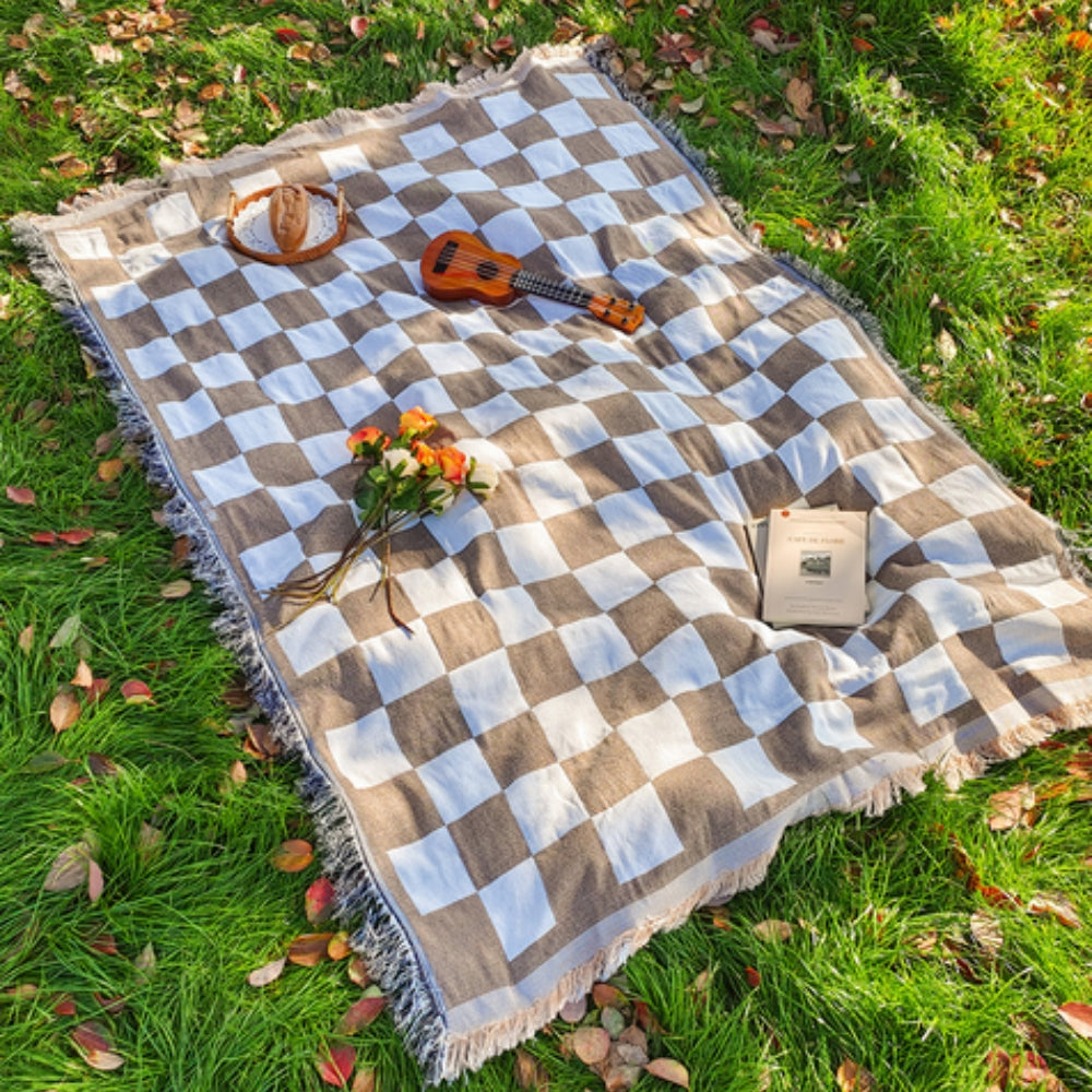Picnic Blanket | Checkered Microfibre | Fringed Edges | 130 × 180 cm | Midnight, Rustic & Forest