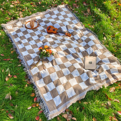 Picnic Blanket | Checkered Microfibre | Fringed Edges | 130 × 180 cm | Midnight, Rustic & Forest