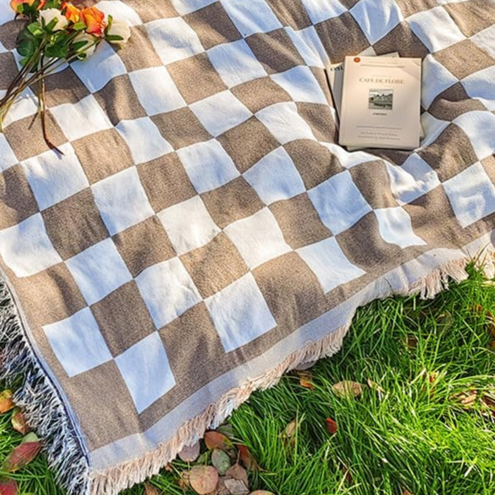 Picnic Blanket | Checkered Microfibre | Fringed Edges | 130 × 180 cm | Midnight, Rustic & Forest