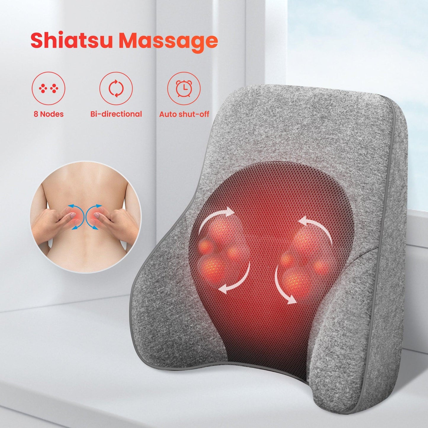 Memory Foam Lumbar Support Cushion | 4-Node Shiatsu Massage | 2-Level Heat | 60 Min Timer