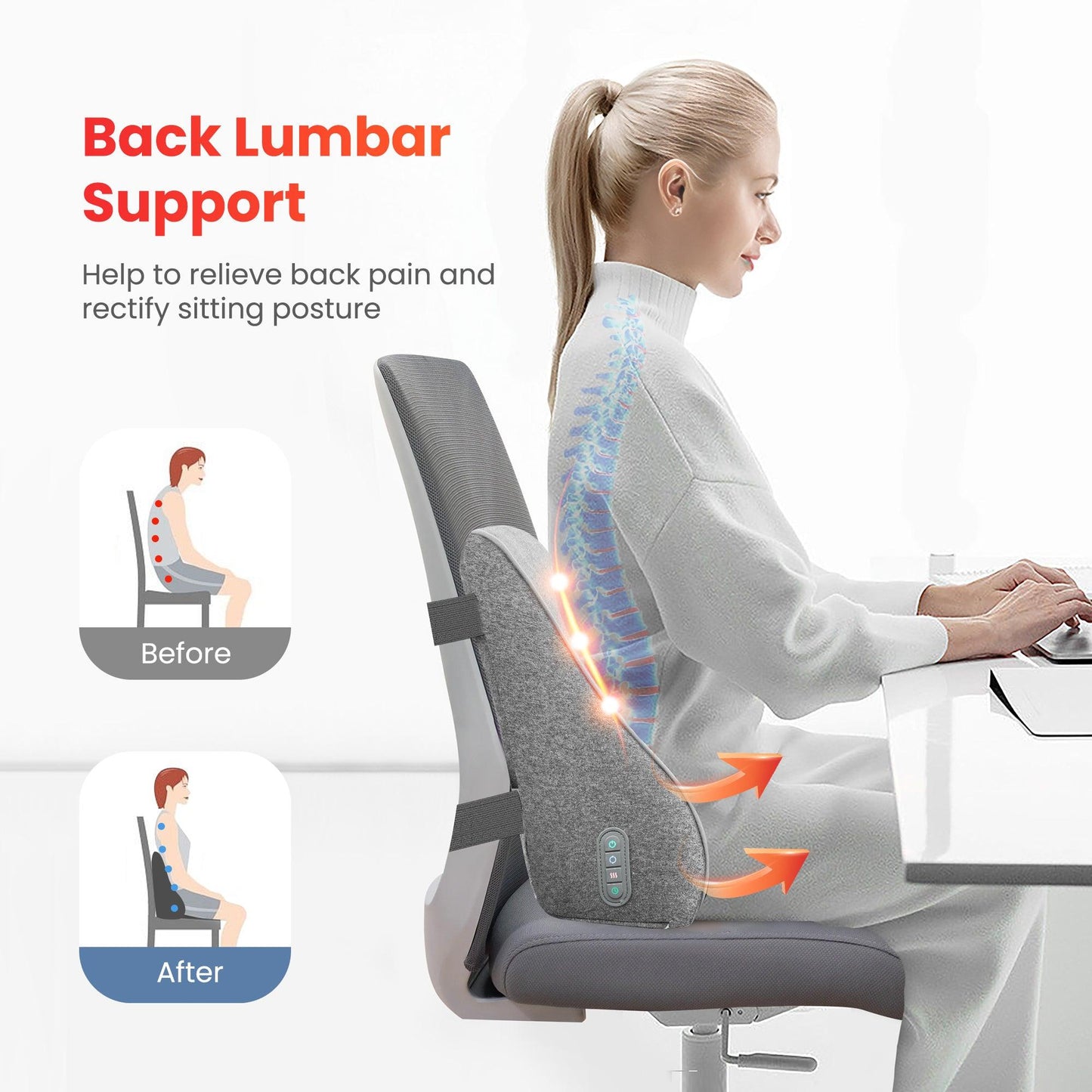 Memory Foam Lumbar Support Cushion | 4-Node Shiatsu Massage | 2-Level Heat | 60 Min Timer