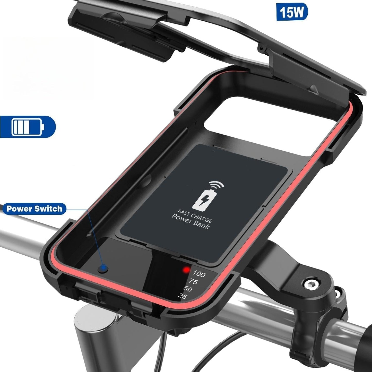 Bike Phone Mount | 5000mAh Power Bank Option | Handlebar 22-28.5mm | Waterproof Touchscreen Cover