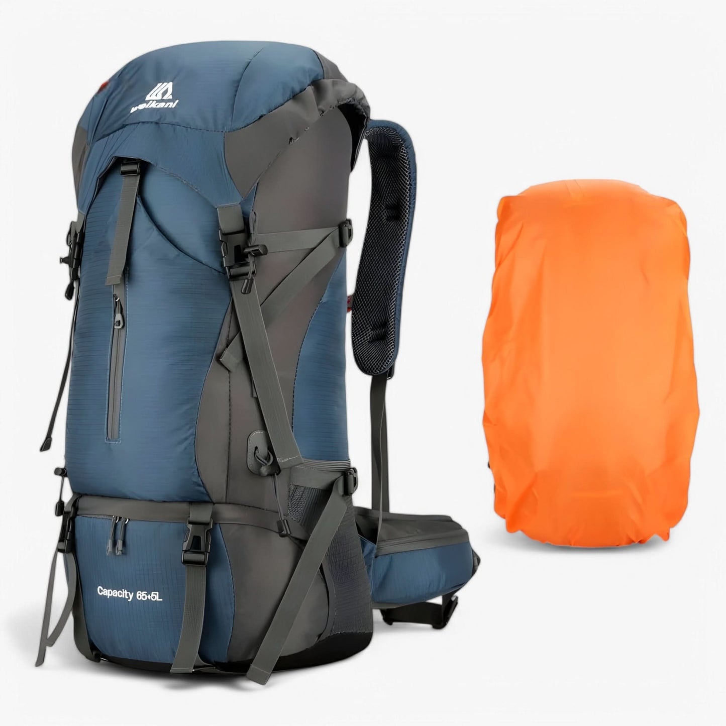 70L Hiking Rucksack | Nylon | Raincover Included | Shoe Compartment | Marine Blue, Orange & Black