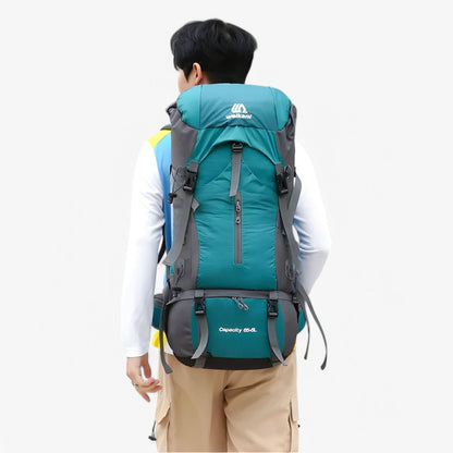 70L Hiking Rucksack | Nylon | Raincover Included | Shoe Compartment | Marine Blue, Orange & Black