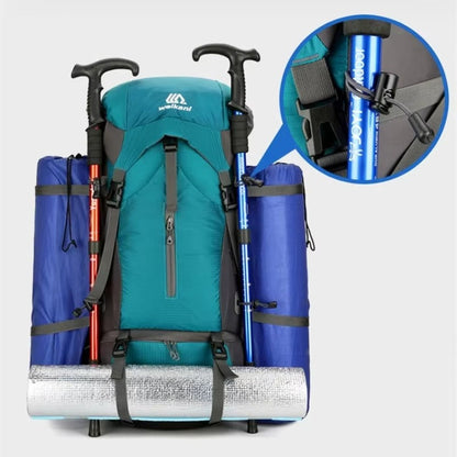 70L Hiking Rucksack | Nylon | Raincover Included | Shoe Compartment | Marine Blue, Orange & Black