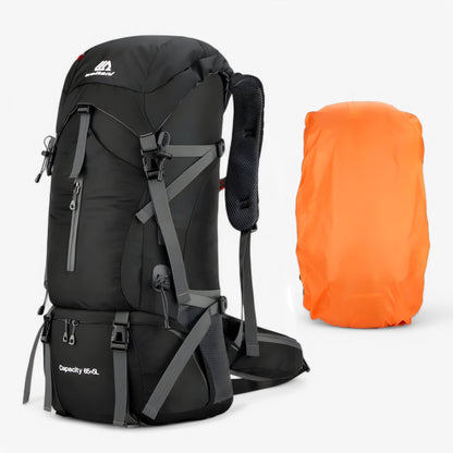 70L Hiking Rucksack | Nylon | Raincover Included | Shoe Compartment | Marine Blue, Orange & Black