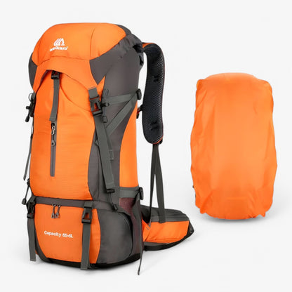 70L Hiking Rucksack | Nylon | Raincover Included | Shoe Compartment | Marine Blue, Orange & Black