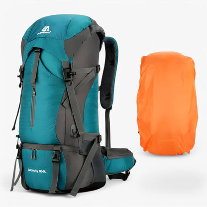 70L Hiking Rucksack | Nylon | Raincover Included | Shoe Compartment | Marine Blue, Orange & Black