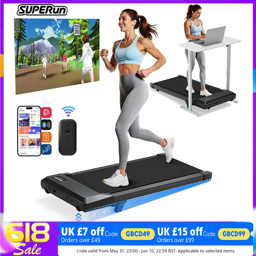 Under Desk Treadmill | Foldable | 2.5HP | 6% Incline | Quiet Motor | Black & Gold