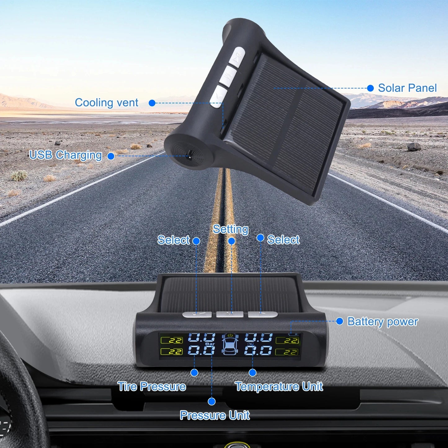 TPMS Solar Tire Pressure Sensor Car Tire Pressure Monitoring System with 4 Wheel Internal External Sensors TMPS