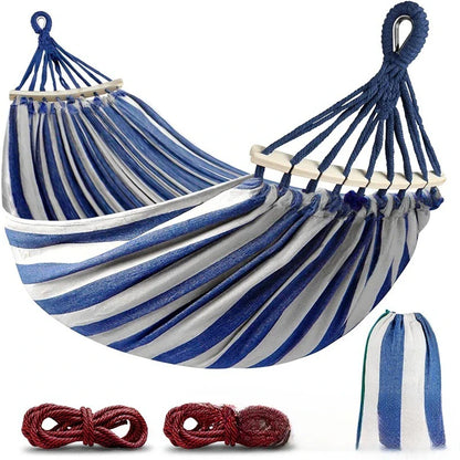 Double Hammock | Canvas | Anti-Roll Wooden Spreader Bars | 220x150cm | Carry Bag | Blue & Red