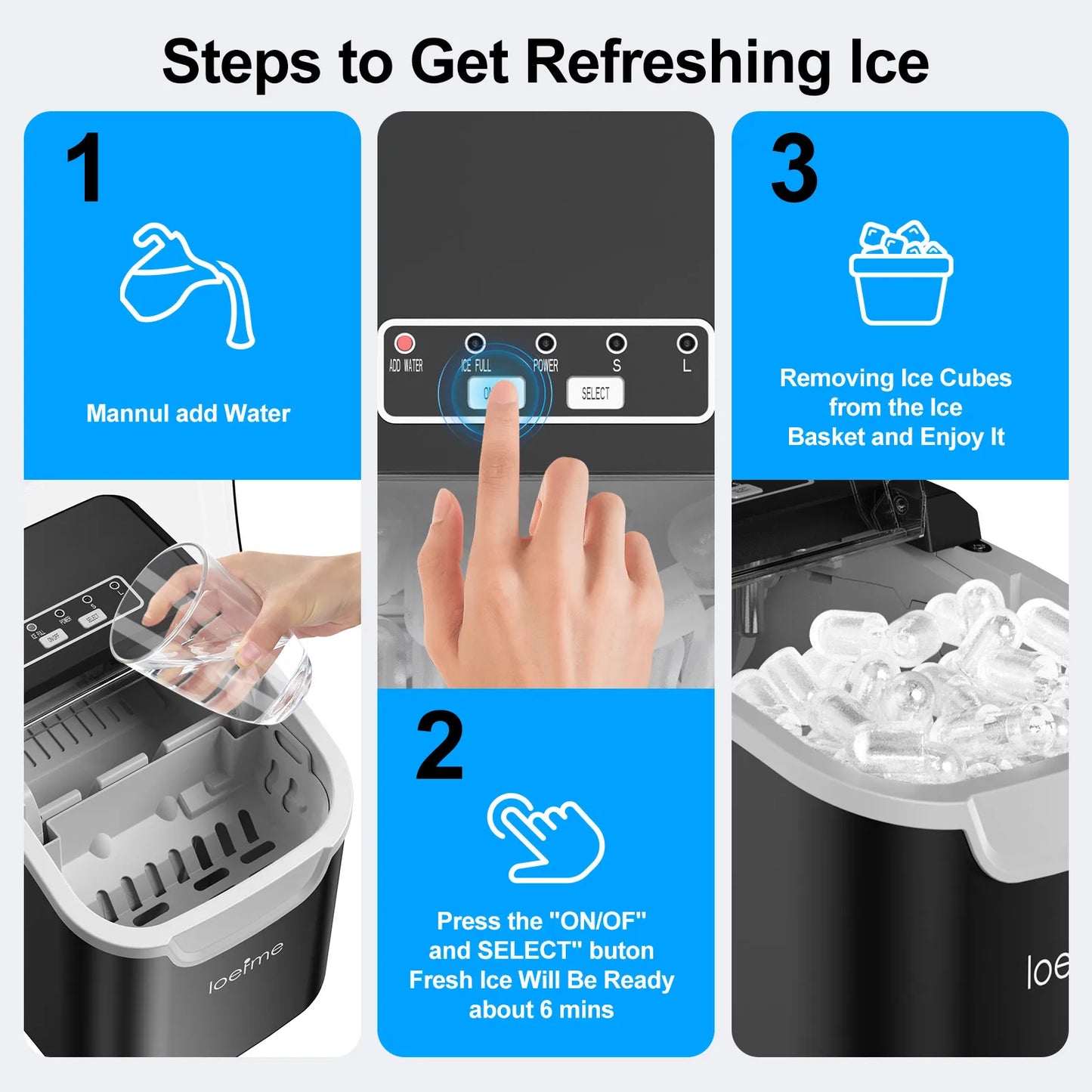 Portable Countertop Ice Maker | 12kg/24h | 8 Cubes in 6 Min | 0.8L Reservoir | Black