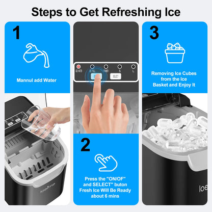 Portable Countertop Ice Maker | 12kg/24h | 8 Cubes in 6 Min | 0.8L Reservoir | Black