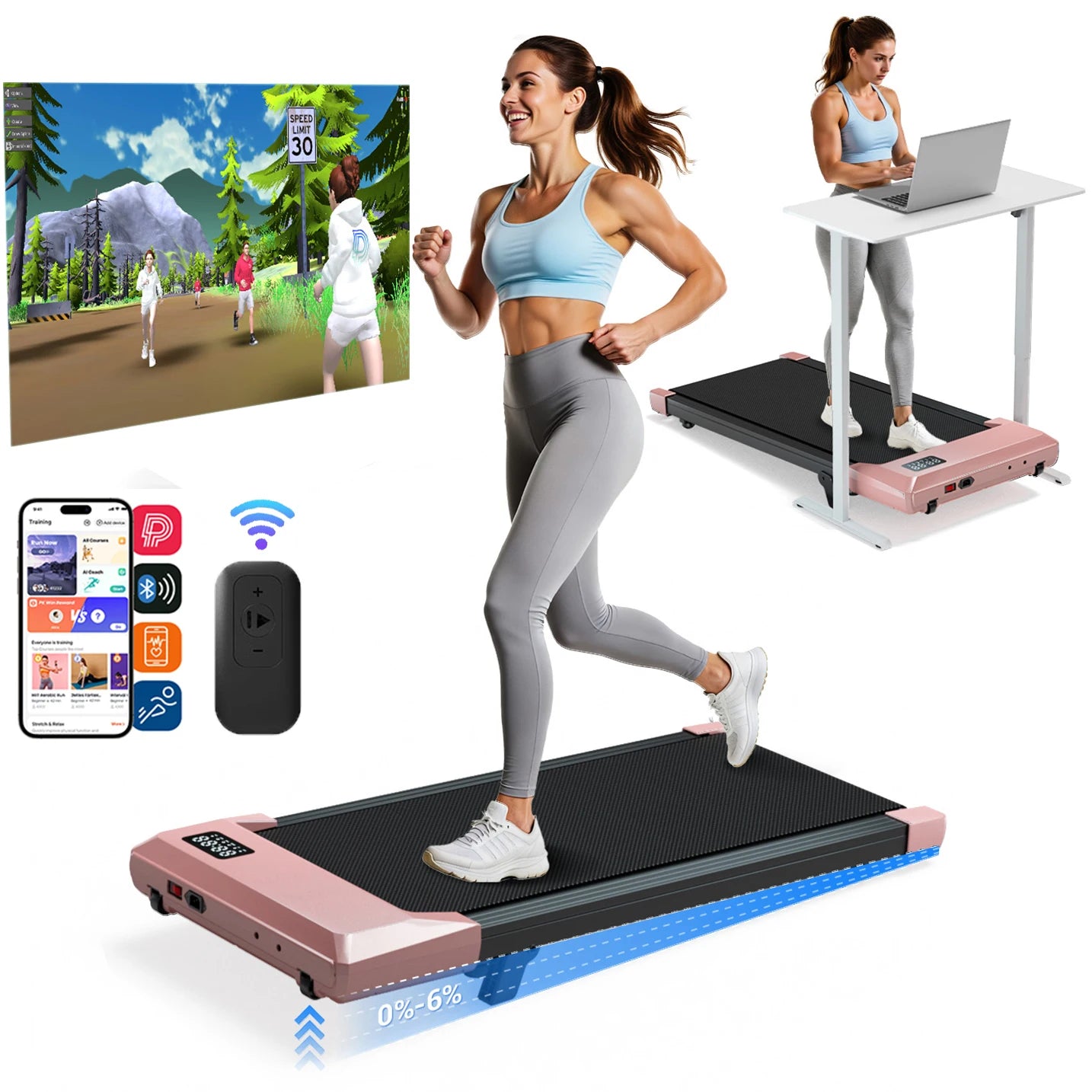 Under Desk Treadmill | Foldable | 2.5HP | 6% Incline | Quiet Motor | Black & Gold