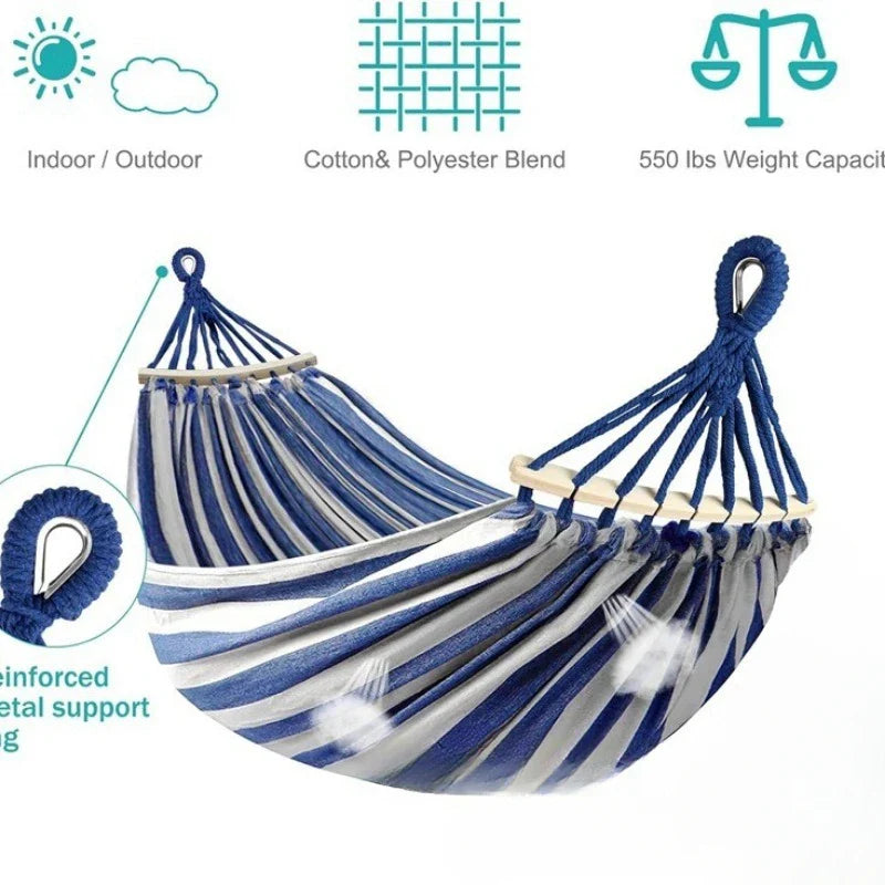 Double Hammock | Canvas | Anti-Roll Wooden Spreader Bars | 220x150cm | Carry Bag | Blue & Red