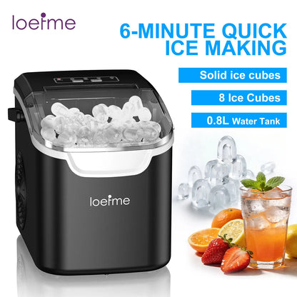 Portable Countertop Ice Maker | 12kg/24h | 8 Cubes in 6 Min | 0.8L Reservoir | Black