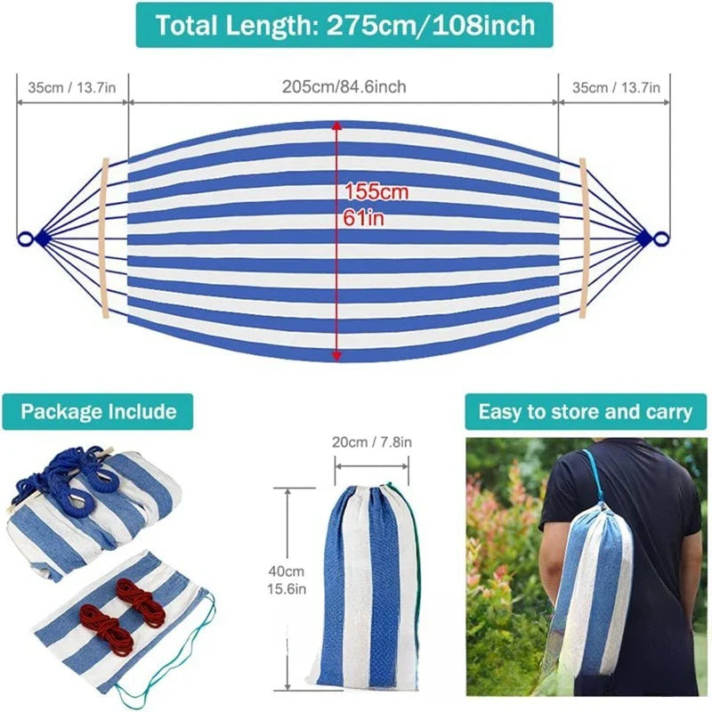 Double Hammock | Canvas | Anti-Roll Wooden Spreader Bars | 220x150cm | Carry Bag | Blue & Red