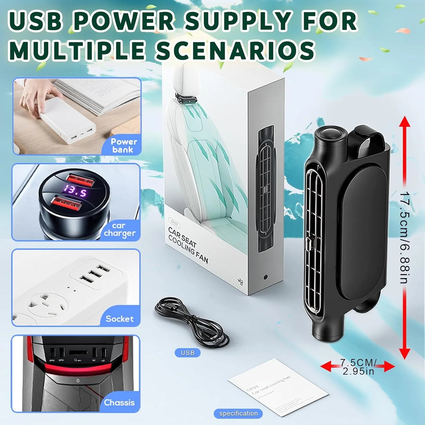 Car Seat Headrest Cooling Fan | 5V USB | 3 Speed | White & Black