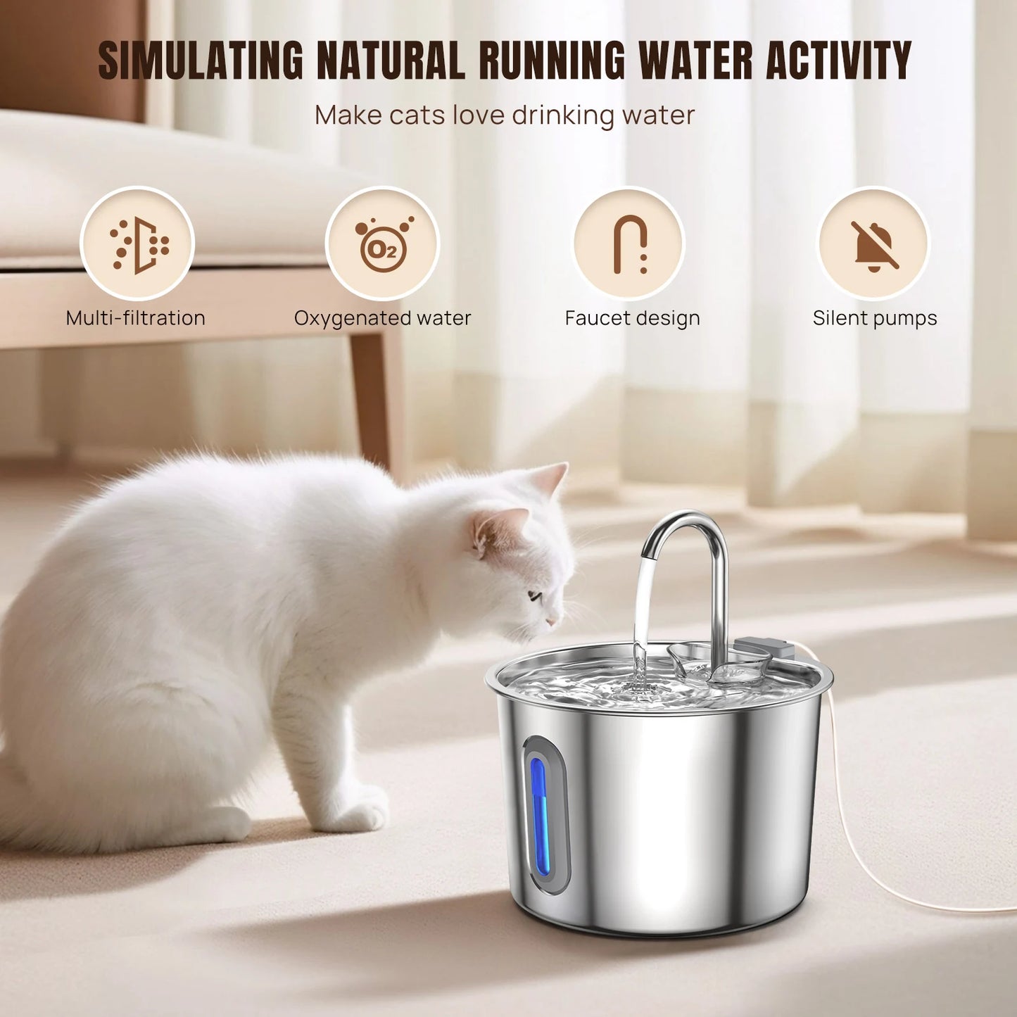 Cat Water Fountain | 304 Stainless Steel | 2.2L | Triple Filter | Quiet 5V Pump