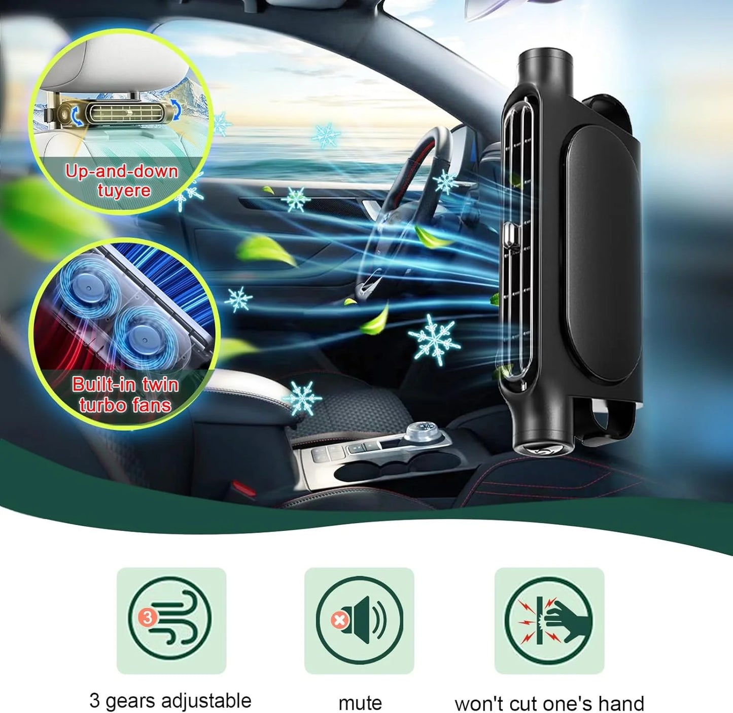 Car Seat Headrest Cooling Fan | 5V USB | 3 Speed | White & Black