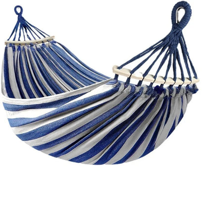 Double Hammock | Canvas | Anti-Roll Wooden Spreader Bars | 220x150cm | Carry Bag | Blue & Red