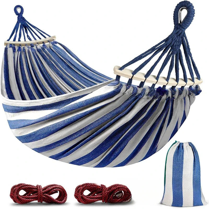 Double Hammock | Canvas | Anti-Roll Wooden Spreader Bars | 220x150cm | Carry Bag | Blue & Red