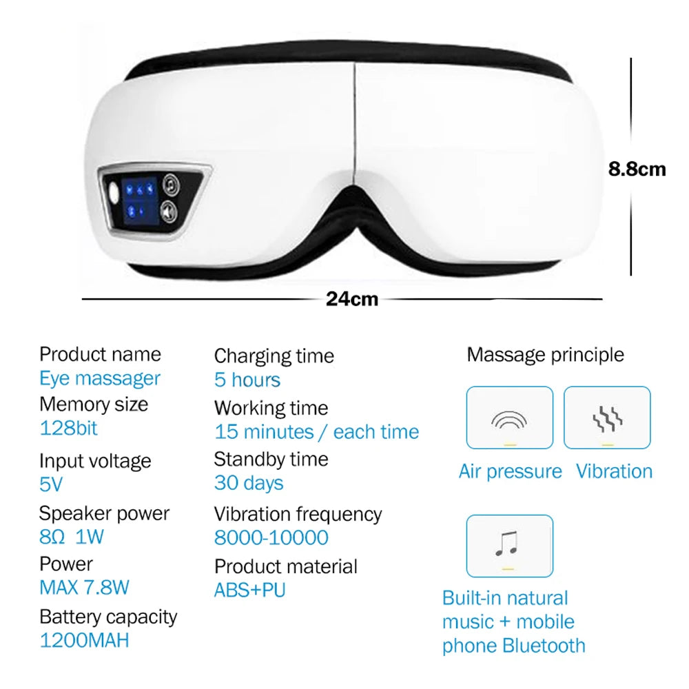 Eye Massager | 6D Airbag Compression | Bluetooth Music | 4 Modes | 1200mAh
