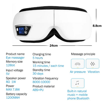 Eye Massager | 6D Airbag Compression | Bluetooth Music | 4 Modes | 1200mAh