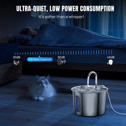 Cat Water Fountain | 304 Stainless Steel | 2.2L | Triple Filter | Quiet 5V Pump
