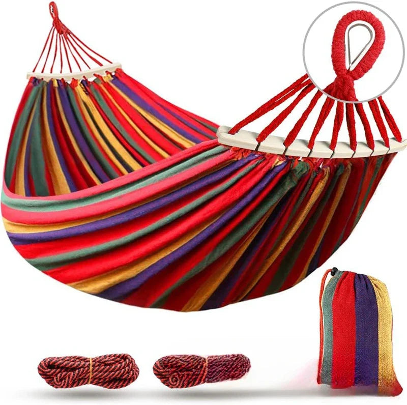 Double Hammock | Canvas | Anti-Roll Wooden Spreader Bars | 220x150cm | Carry Bag | Blue & Red