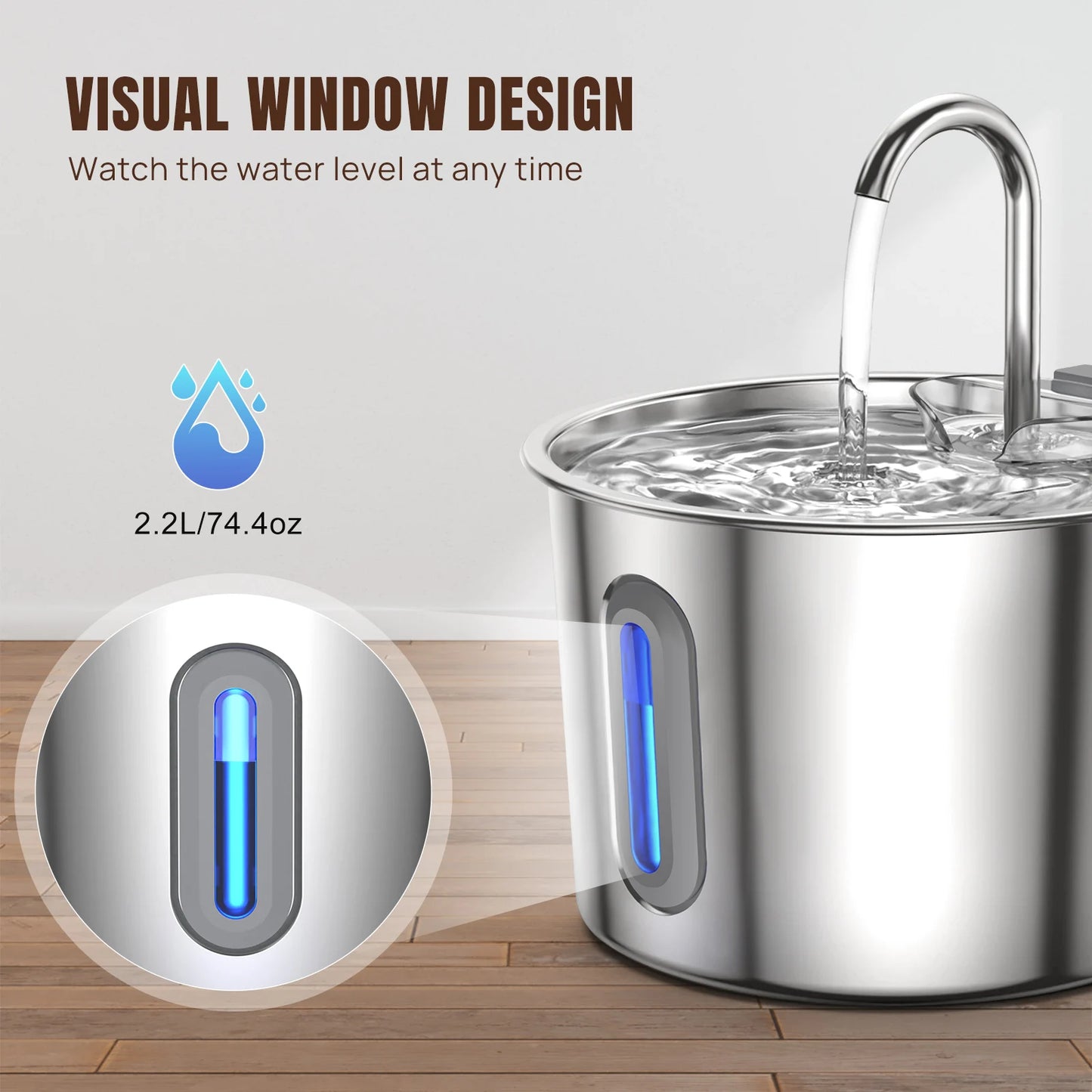 Cat Water Fountain | 304 Stainless Steel | 2.2L | Triple Filter | Quiet 5V Pump
