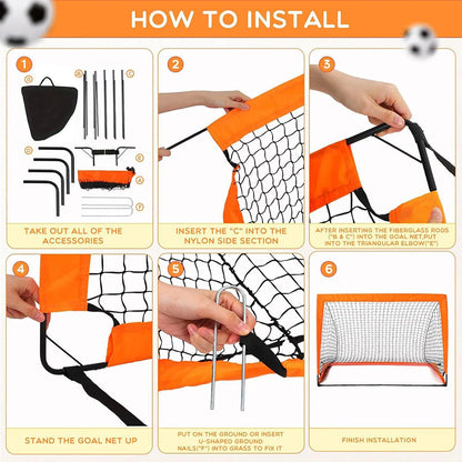 Foldable Football Goal | Kids Training | Nylon Net | Backyard & Garden | Black, Red, Blue & Orange
