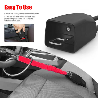 Universal Steering Wheel Lock with Seat Belt Socket and Steel Cable – Heavy-Duty Anti-Theft Security Device with 3 Keys for Cars, Trucks, SUVs, Vans and RVs