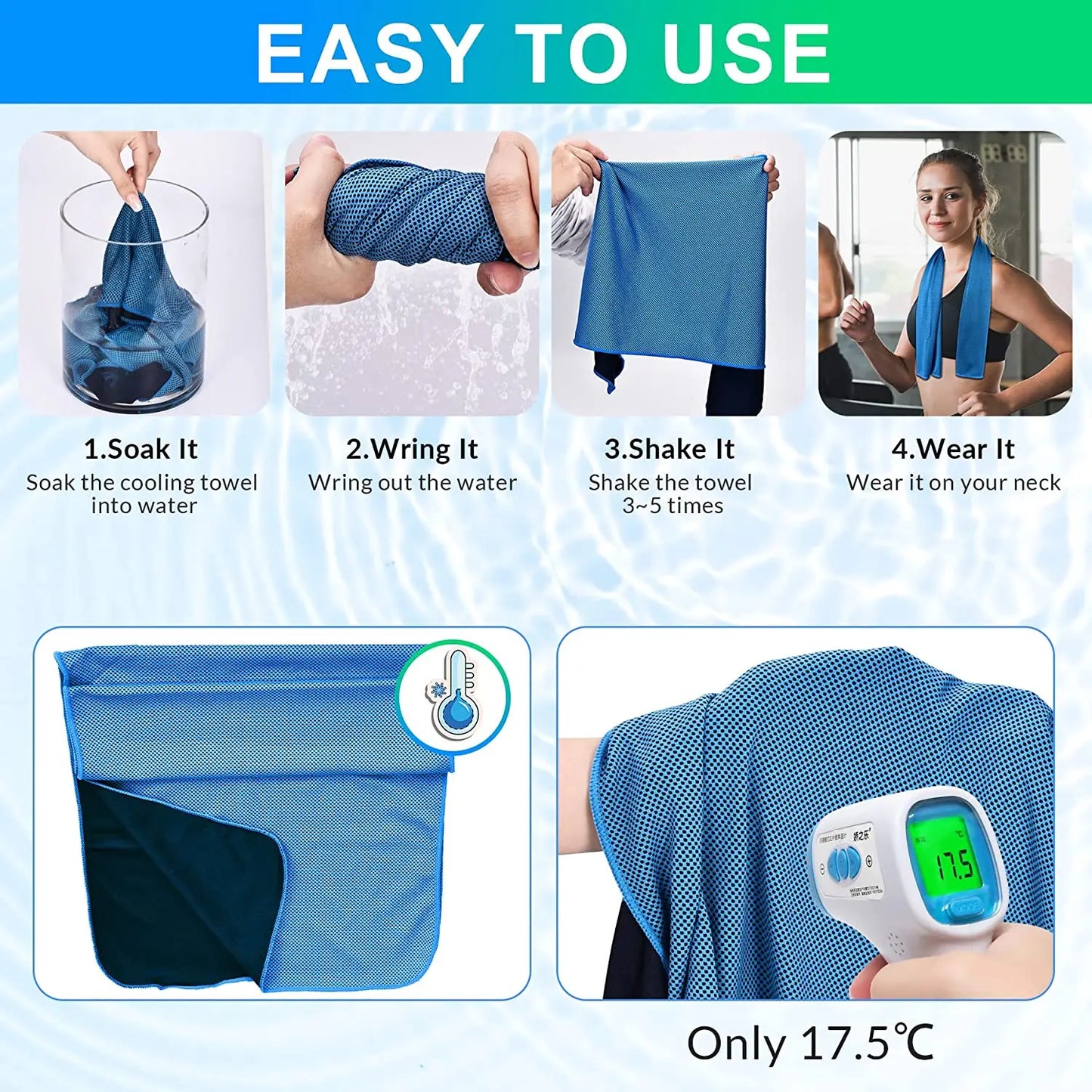 Cooling Sports Towel 4 Pack | Quick-Dry Fabric | 90×30cm | Blue & Grey