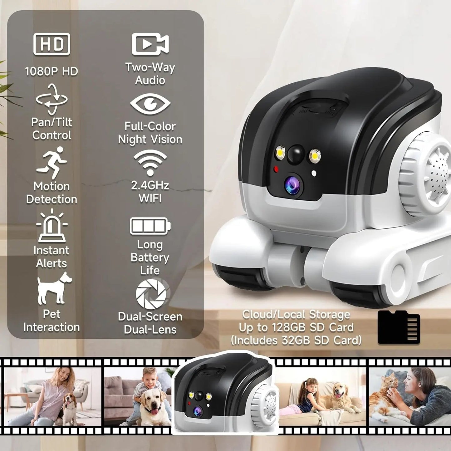 1080P Pet Camera | Two-Way Audio | Colour Night Vision 32ft | Motion Alerts | 32GB SD