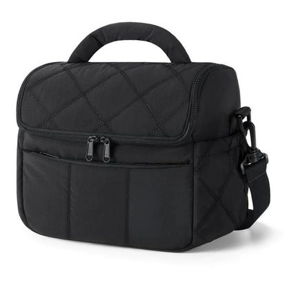 Insulated Lunch Bag | Quilted Nylon | Shoulder Strap | Temperature Control | Black & Pink