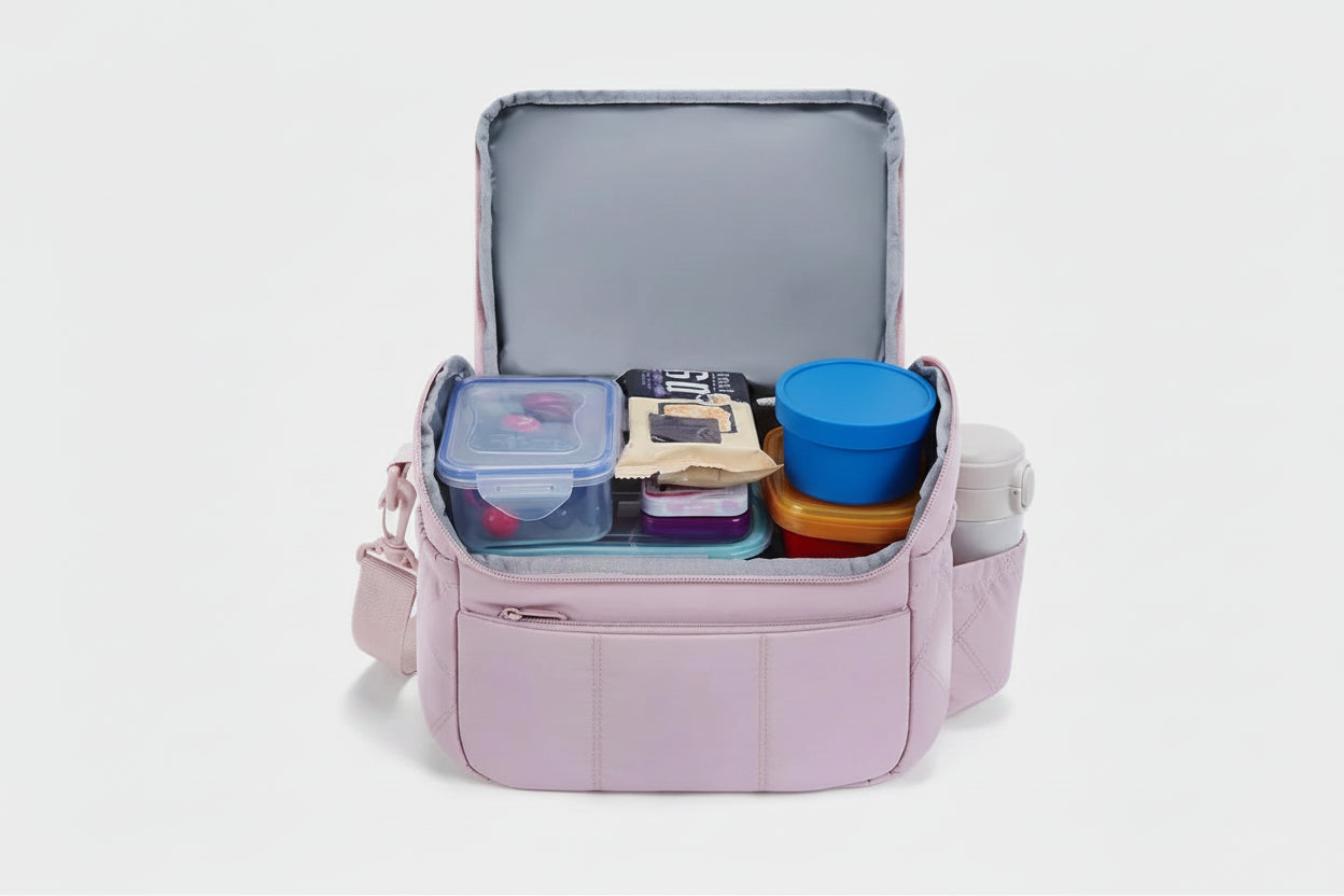 Insulated Lunch Bag | Quilted Nylon | Shoulder Strap | Temperature Control | Black & Pink