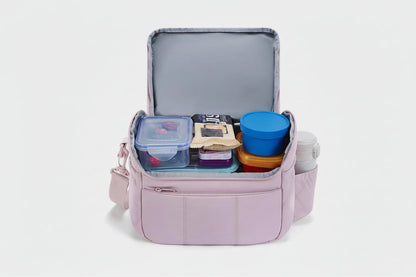 Insulated Lunch Bag | Quilted Nylon | Shoulder Strap | Temperature Control | Black & Pink