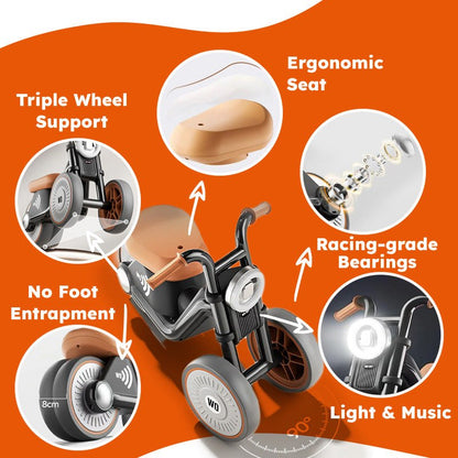 Kids Ride-On Motorcycle | Anti-Tip | Silent EVA Wheels | Light & Sound | Ages 1–6 | 30kg Max