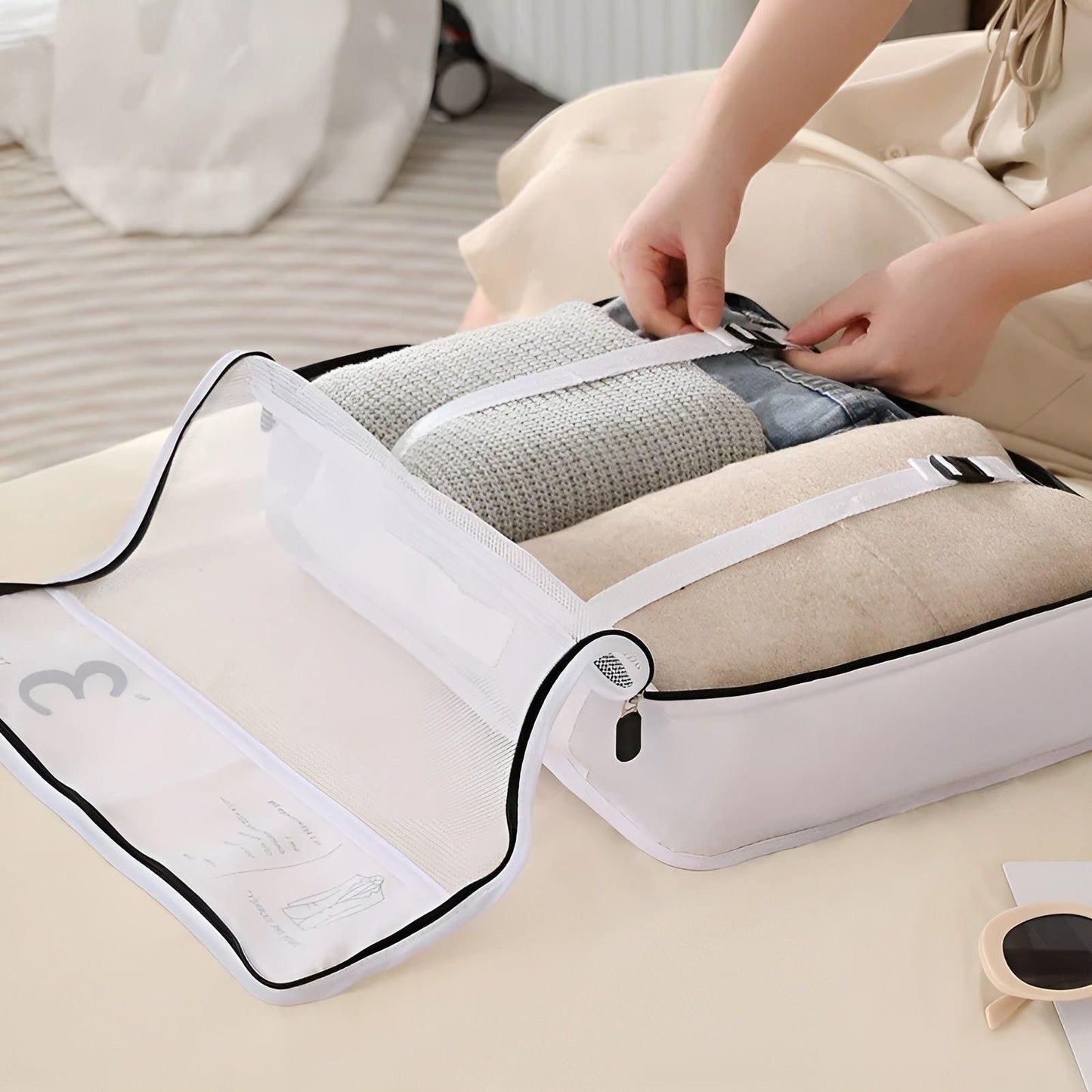 Packing Cube Set | 7 Pieces | Compression Travel Organisers | Water-Repellent | Beige, White & Black